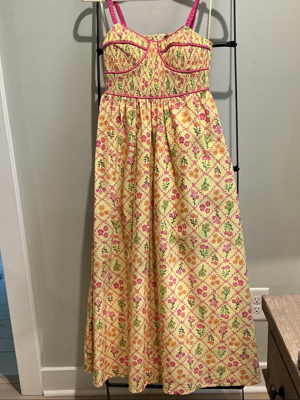 Yellow Floral Maxi Dress with Pink Trim
